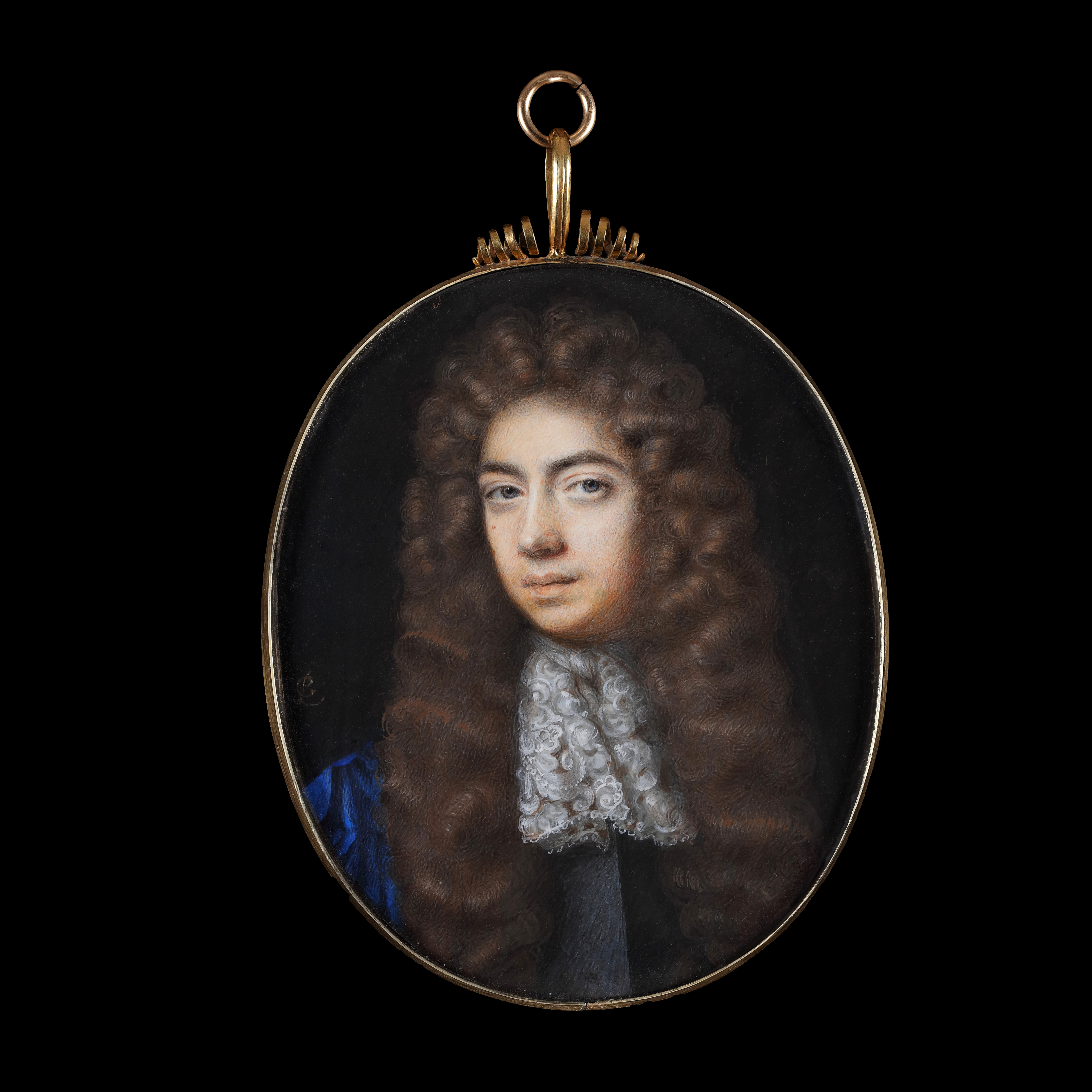 Portrait miniature of a Gentleman, wearing a dark coat with blue silk cloak, lace jabot, with a dark brown curled wig